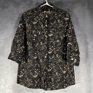 Woolrich Black And Ivory Floral Button Up Blouse Roll Tab Sleeves Womens‎ Large